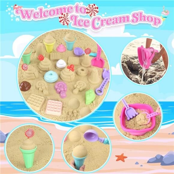 Collapsible Beach Toys Set for Girls, Collapsible Sand Bucket and Shovels Set - Picture 4 of 7